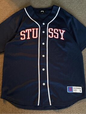 Stussy Navy Blue Baseball Jersey with White & Red Trim